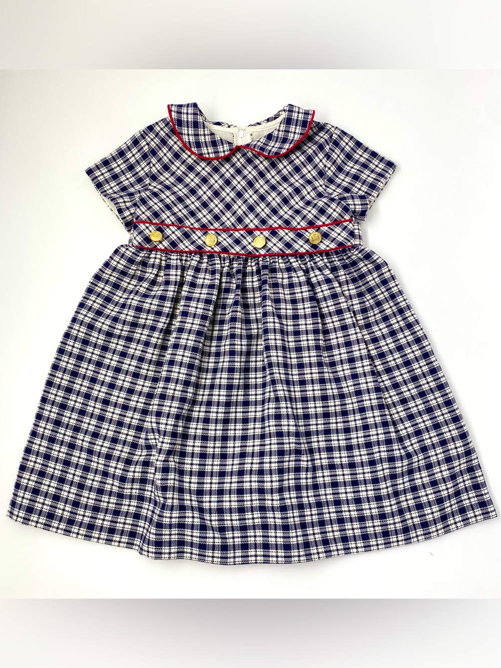 VTG Sylvia Whyte Girls 3T Navy Blue Plaid Dress Red Gold Buttons | Excellent